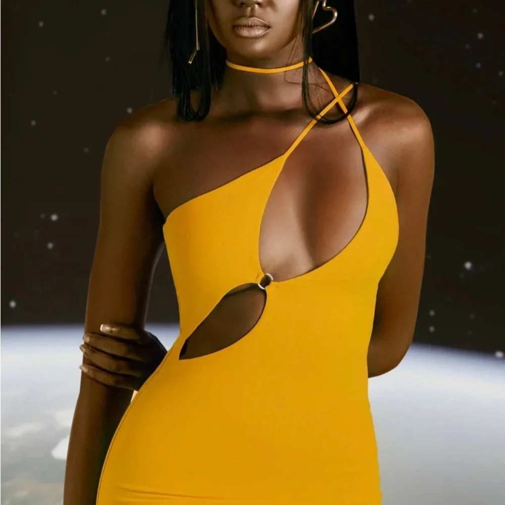 Oh Polly Flex on You Mini Dress Mustard Yellow Cutout Bodycon US 4 NEW
